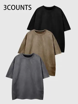 Men's Solid Color Drop Shoulder Suede Tee, Regular Fit Casual Short Sleeve Round Neck T-shirt for Summer, Men's Top for Daily...