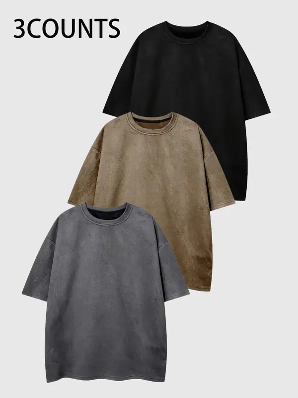 Men's Solid Color Drop Shoulder Suede Tee, Regular Fit Casual Short Sleeve Round Neck T-shirt for Summer, Men's Top for Daily...