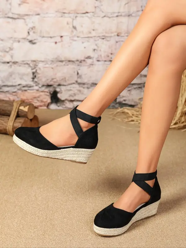 Women's Plain Color Espadrille Wedge Shoes, Casual Round Toe Wedge Sandals for Summer, Lightweight Breathable Comfortable Cri...