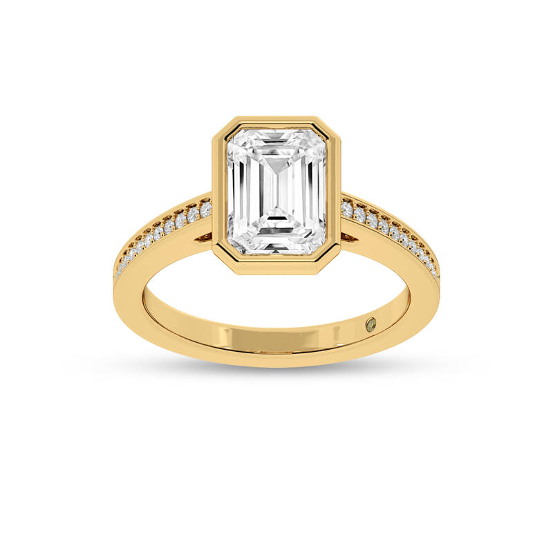 Lyra Pavé Set Half Coverage Bezel Emerald Cut Lab Grown Diamond Engagement Ring | 18K Yellow Gold 3 1/6 CT. TW.