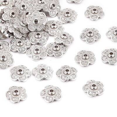 5-Petal Brass Micro Pave Clear Cubic Zirconia Bead Caps