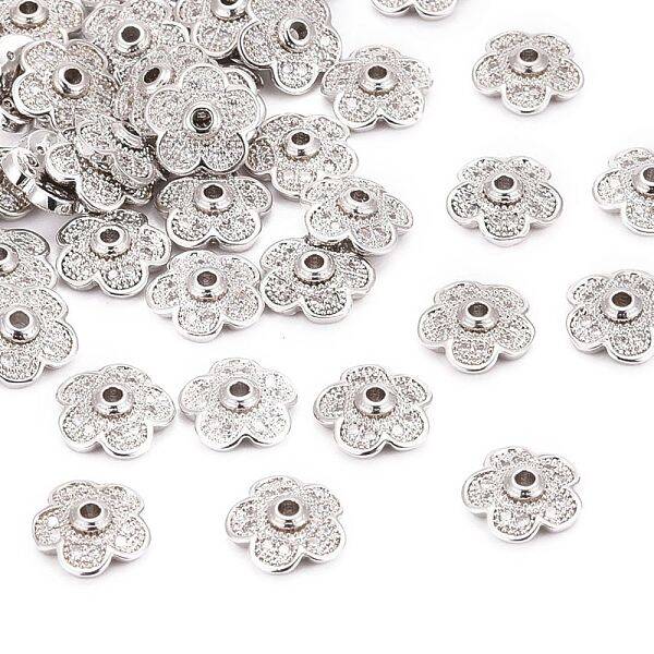 5-Petal Brass Micro Pave Clear Cubic Zirconia Bead Caps