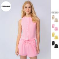KatchMe Women's Minimalist Button-Up Tank Top & Drawstring Waist Shorts Co-ord, Basic Co-ord Set for Lady Spring & Summer, Co...