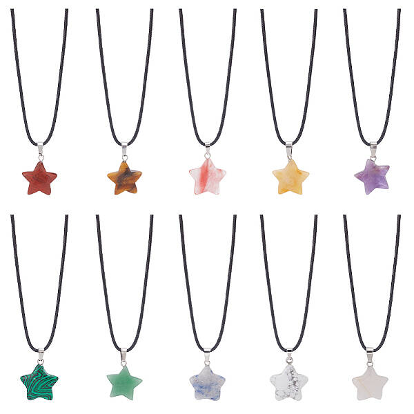 10Pcs 10 Style Natural Mixed Gemstone Star Pendant Necklaces Set with Wax Cords