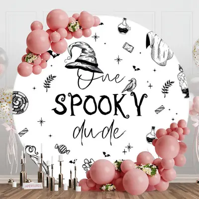 Aperturee Black White Halloween One Spooky Dude Round Backdrop - Aperturee
