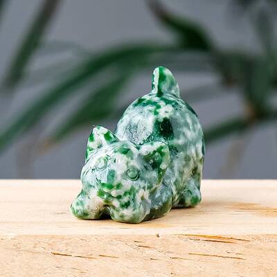 Natural Qinghai Jade Carved Healing Cat Figurines