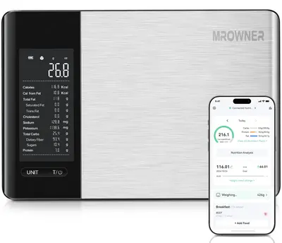 MrOwner Food Nutrition Scale, Digital Grams and Ounces for Weight Management With App, 19 Facts Tracking, 11 Pounds-Large, St...