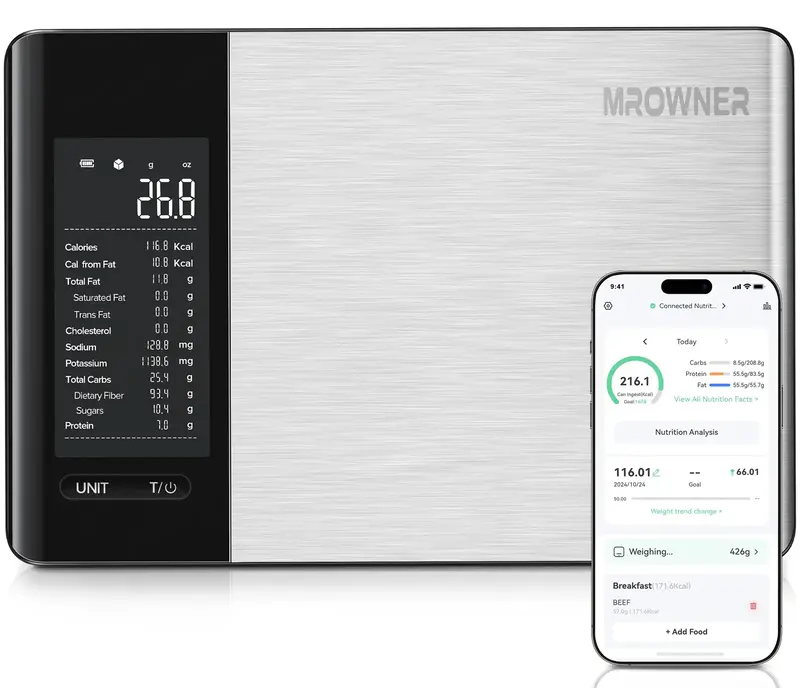 MrOwner Food Nutrition Scale, Digital Grams and Ounces for Weight Management With App, 19 Facts Tracking, 11 Pounds-Large, St...
