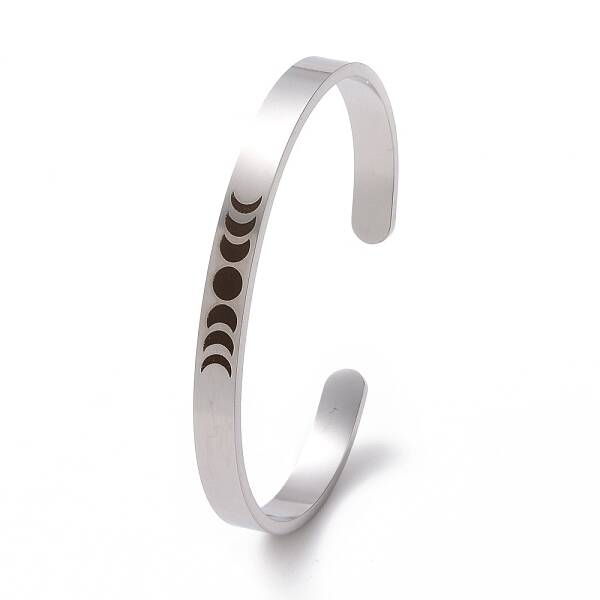 Non-Tarnish 304 Stainless Steel Moon Phase Open Cuff Bangle for Men Women