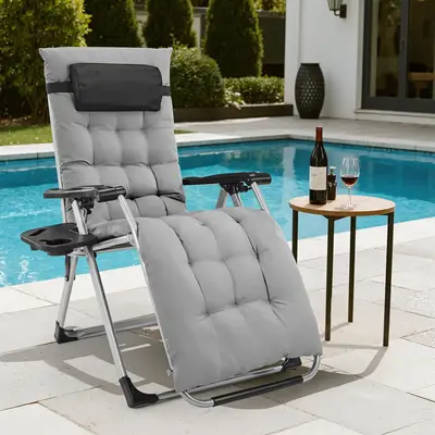 Zero Gravity Chair, Reclining Camping Lounge Chair, Reclining Patio Chairs with Cup Holder Trays and Removable Cushion, Foldi...