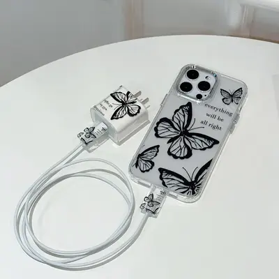 Butterfly Pattern Clear Phone Case & Charger Protector Set, 4 Counts/set Electroplated Anti-drop Phone & Charger Protective C...