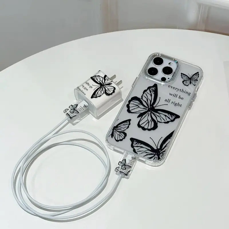 Butterfly Pattern Clear Phone Case & Charger Protector Set, 4 Counts/set Electroplated Anti-drop Phone & Charger Protective C...