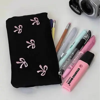 Bow Pattern Canvas Pencil Case, 1 Count Cute Bow Embroidered Pencil Bag, Stationery Bag, Cosmetics Storage Bag, Desk Organize...