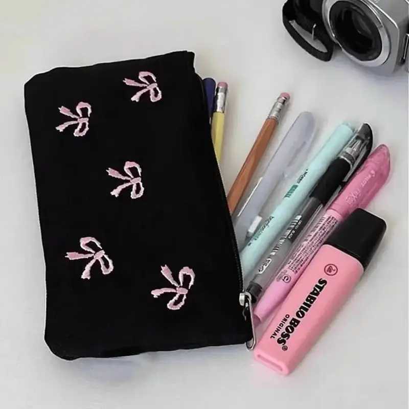 Bow Pattern Canvas Pencil Case, 1 Count Cute Bow Embroidered Pencil Bag, Stationery Bag, Cosmetics Storage Bag, Desk Organize...