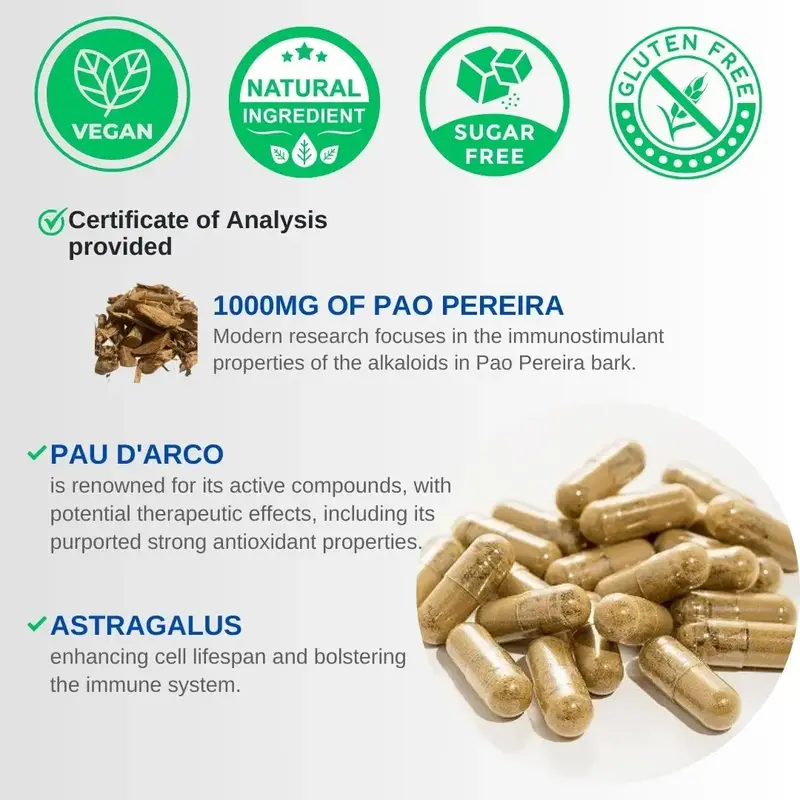 VINATURA Pao Pereira + PAU D'Arco, Astragalus - 1300MG Serving, USA Made & Tested, Stem Cells and Immune Support, 60 Capsules...