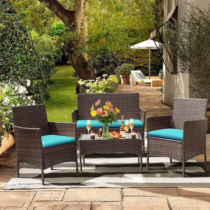 【Springtok】Homall 4 Piece Outdoor Patio Furniture PE Rattan Wicker Table and Chairs Set with Cushions