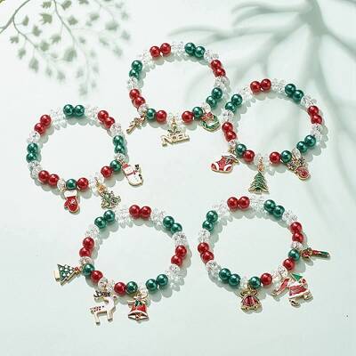 Acrylic Pearl Beaded Stretch Bracelet with Alloy Enamel Charms