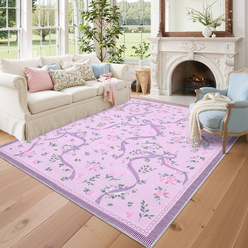 Garvee Large Washable Floral Area Rug 10'x13' Non-Slip Stain-Resistant Polyester Foldable Low-Pile Carpet for Living Room Bed...