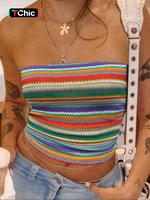 Women's Colorful Striped Print Crop Tube Top, Casual Sleeveless Strapless Top for Summer, Ladies Clothes for Daily Wear, Wome...