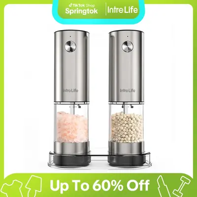 IntreLife Rechargeable Electric Salt and Pepper Grinder Set, Dual-Speed Grinding, 6-level Adjustable Coarseness, LED Light Ki...