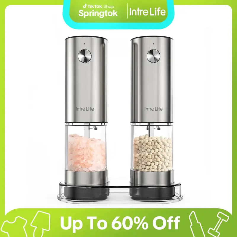 IntreLife Rechargeable Electric Salt and Pepper Grinder Set, Dual-Speed Grinding, 6-level Adjustable Coarseness, LED Light Ki...