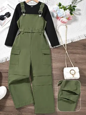 Two-Piece Set Girl's Solid Color Belted Overalls & Round Neck Tee Set, Casual Long Sleeve Top & Pocket Overalls for Fall & ...