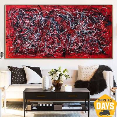 Jackson Pollock Style Paintings On Bright Red Canvas Modern Abstract Colorful Fine Art Handmade Wall Art Room Decor | SCARLET...