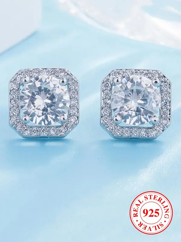 S925 Sterling Silver Square Zircon Inlaid Stud Earrings, Fashionable Earrings for Women & Men, Trendy All-match & Exquisite J...