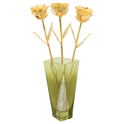 Past, Present, Future 14 Gold Roses in Evergreen Vase
