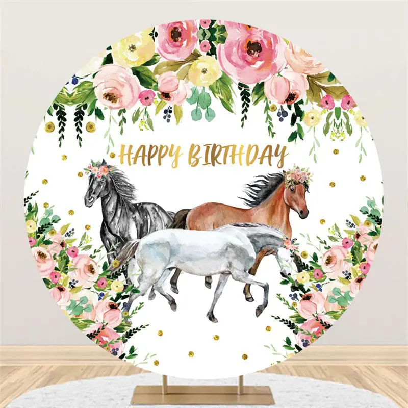 Aperturee Circle Pink Floral And Horse Happy Birthday Backdrop | Simple Backdrop For Birthday | Birthday Curtain Backdrop | B...