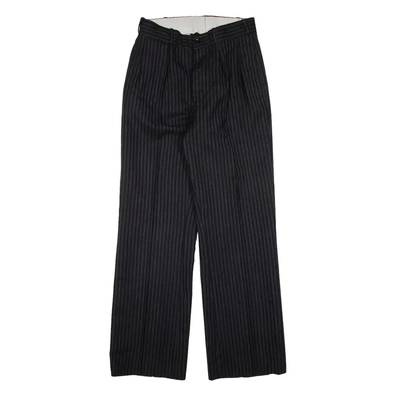 Pleated Striped Mens Trousers Black Regular Straight Wool W27 L30