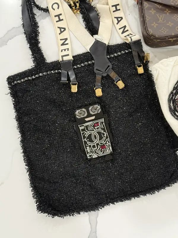 Pre-owned CHANEL tweed fabric tote bags Shopping in Fabrics Black Tweed Robot Tote Bag Silver Hardware 2017