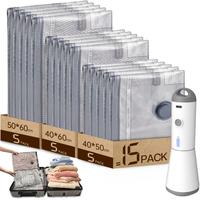 [2025 Upgraded] Vacbird X7 Cordless Travel Vacuum Bag Set – 15-Pack Compression Bags for Carry-On Suitcases – 140L/Min Po...