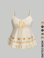 Women's Floral Embroidery Lace Trim Cami Top, Chic Casual Tie Front Top for Daily Wear, Summer Tops, Ladies Clothes for Summe...