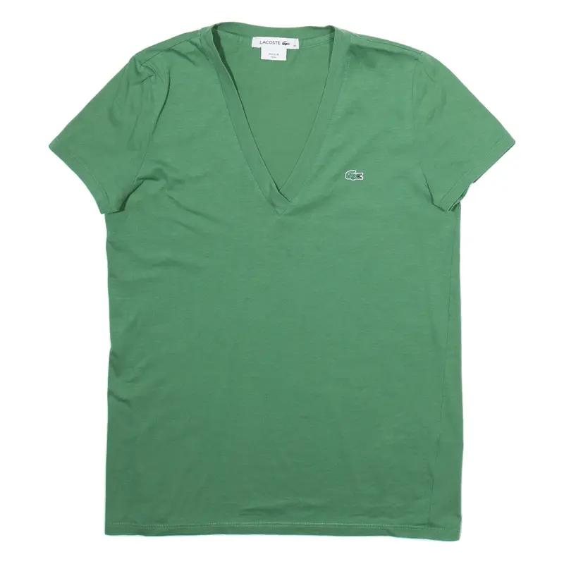 LACOSTE Womens T-Shirt Green V-Neck S