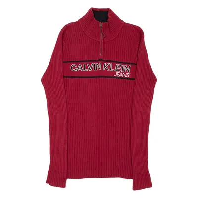 CALVIN KLEIN JEANS Womens Patterned Jumper Red 1/4 Zip Tight Knit L