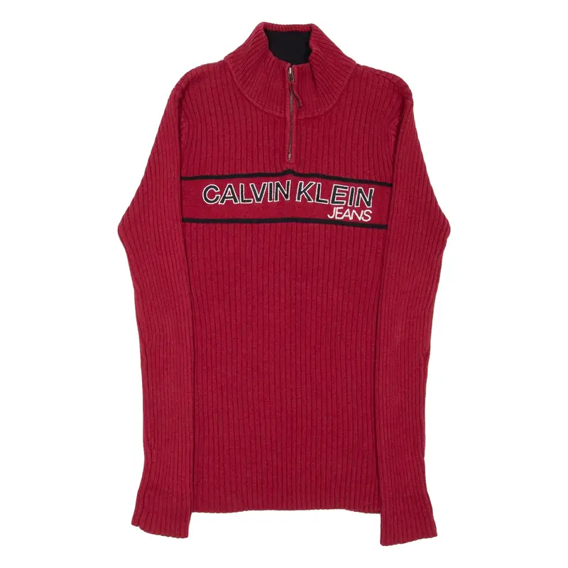 CALVIN KLEIN JEANS Womens Patterned Jumper Red 1/4 Zip Tight Knit L