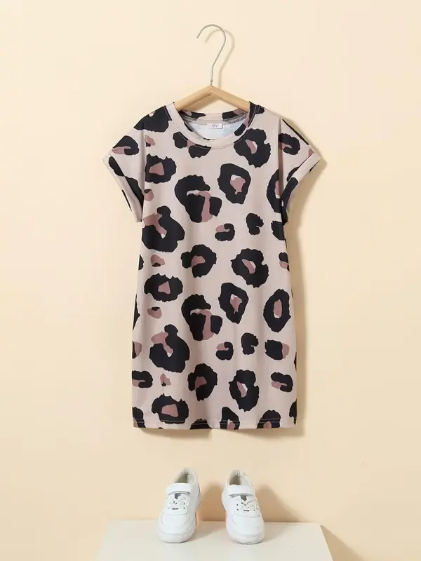 Girl's Leopard Print Batwing Sleeve Tunic Dress, Casual Round Neck Short Sleeve Dress for Daily Outdoor Wear, Kids Clothes fo...