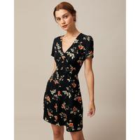The Black V Neck Floral Button Up Mini Dress