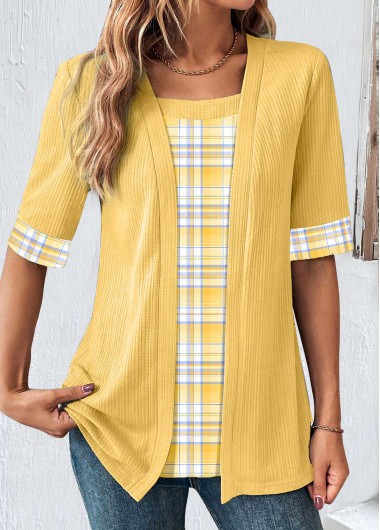 Modlily Yellow Fake 2in1 Plaid Half Sleeve T Shirt - M