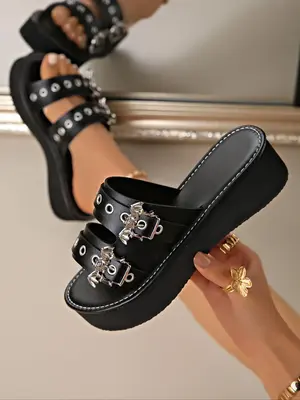 Women's Punk Style Bat Decor Platform Sandals, Fashionable Chunky Sole Sandals for Summer, All-match Commuter Shoes for Work ...