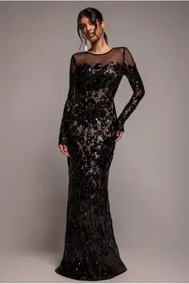 Goddiva Floral Sequin Mesh Maxi - Black