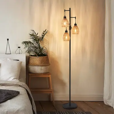 Demilare Farmhouse Floor Lamps for Living Room, 3 x 900LM LED Bulbs Included,Industrial Standing Lamp with Boho Rattan Shades...