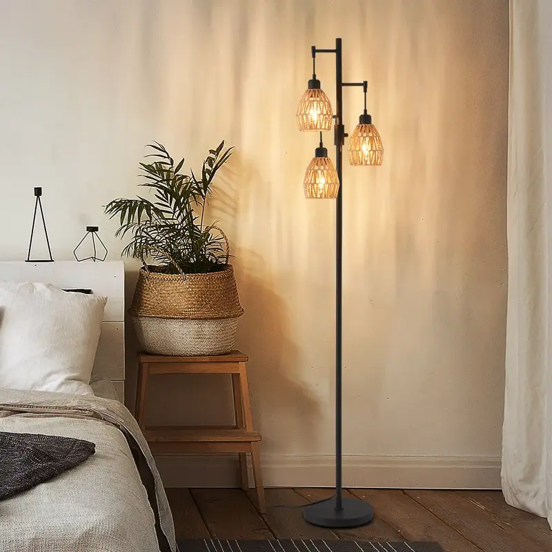 Demilare Farmhouse Floor Lamps for Living Room, 3 x 900LM LED Bulbs Included,Industrial Standing Lamp with Boho Rattan Shades...
