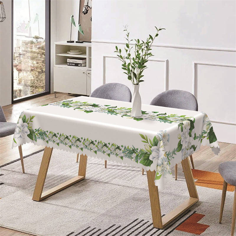 Green Leaves White Floral Fresh Rectangle Tablecloth - Aperturee