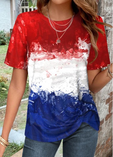 Modlily Multi Color Twist Flag Print T Shirt - S