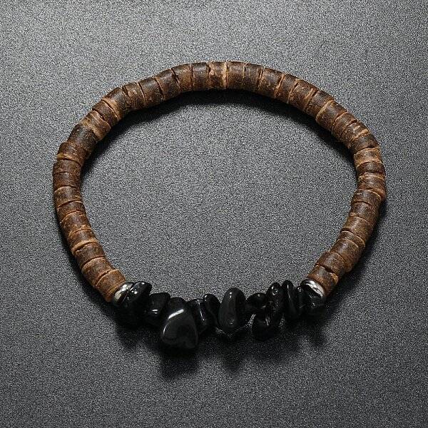 Natural Obsidian Chips & Coconut Disc Beaded Stretch Bracelets