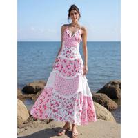 Women's Floral Dress Stylish Lace Patchwork Ruffled Trim Sleeveless Spaghetti Strap V Neck A-Line Long Dress for Summer