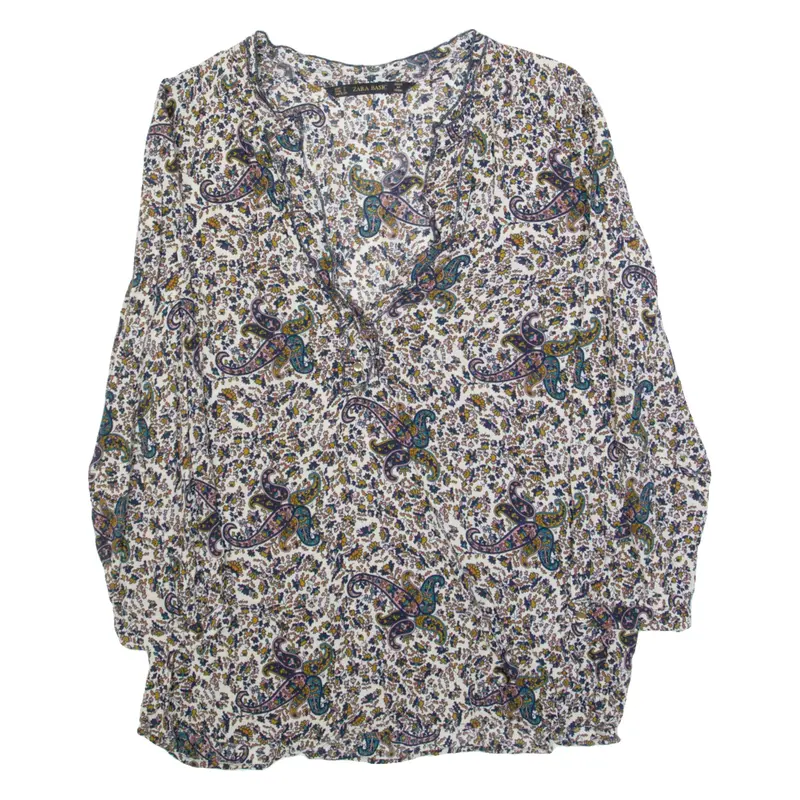 ZARA BASIC Womens Printed Blouse Cream V-Neck Long Sleeve Paisley XS