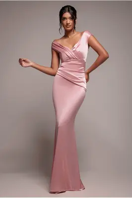 Goddiva Satin Off The Shoulder Maxi Dress - Pink